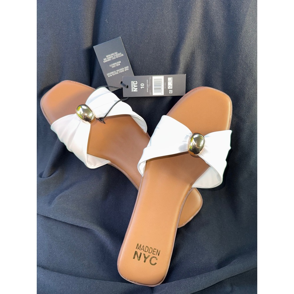Madden NYC Women Knot Slide Sandals White Gold Bead Square Toe Flat Size 10 NEW